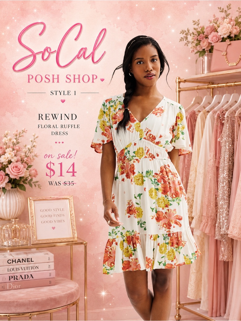 Rewind Floral Ruffle Dress - White with Coral & Yellow Flowers Medium